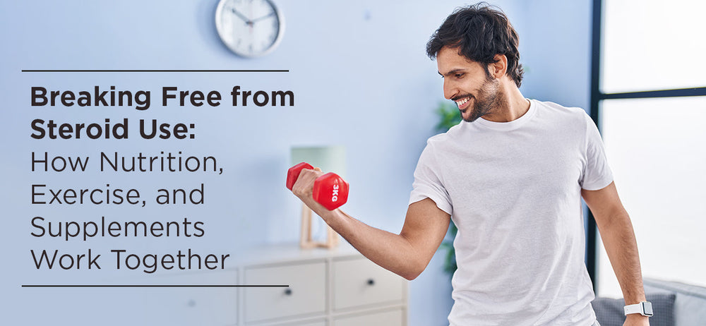 Man in a white t-shirt smiling while lifting a red dumbbell in a bright, modern room, with a focus on fitness and wellness