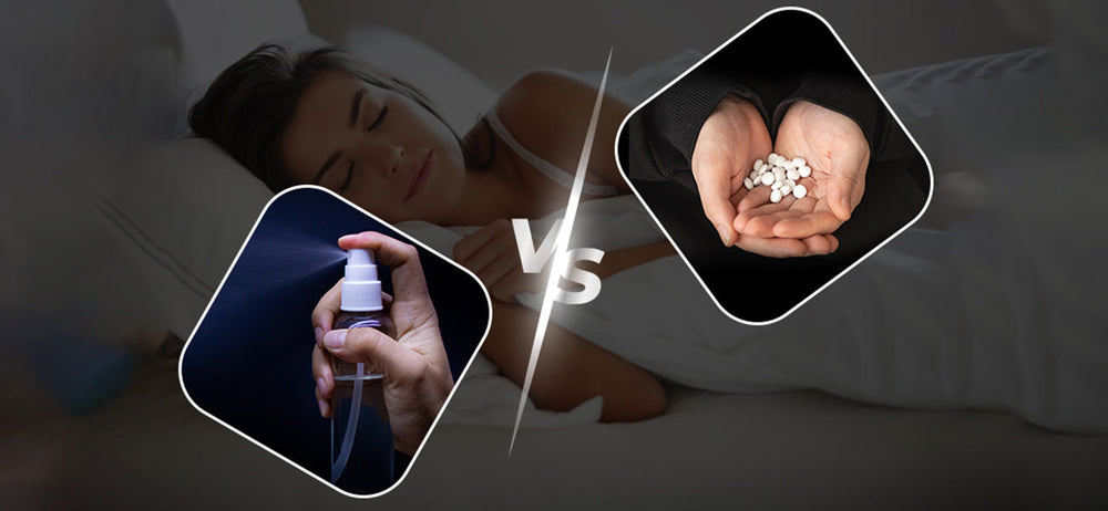 Two hands holding a melatonin spray and tablets in each, to show which helps to fall asleep quickly