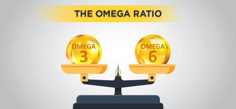 A weighing scale has omega 3 and omega 6 on either side balancing the ratio between them | The Omega Ratio