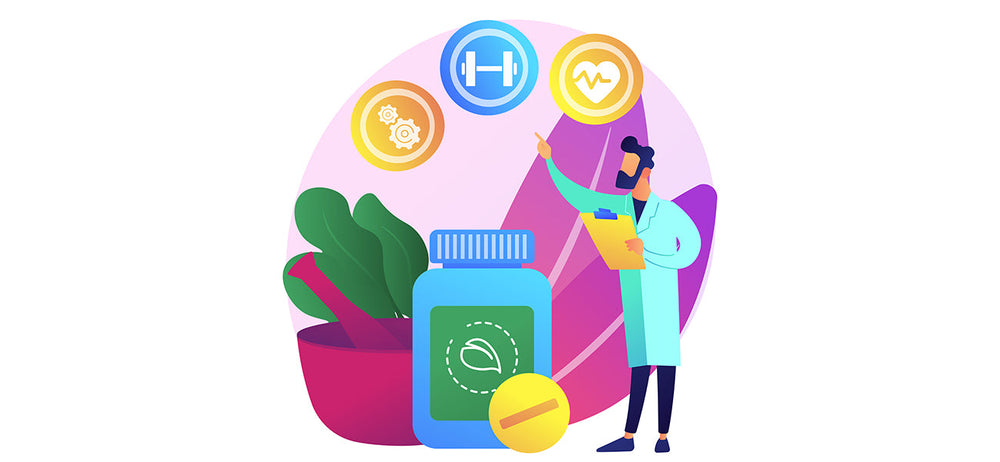 Man explaining the importance of nutritional supplements and regular exercise to support improve health and active lifestyle