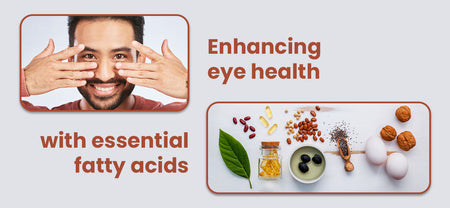 A happy man showing his eye and different sources of essetial fatty acids including nuts and omega 3 supplements.