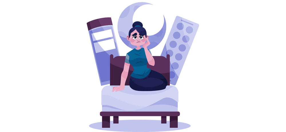 Woman trying to sleep with the help melatonin supplements, showcasing an upset sleep wake cycle | Melatonin Dosage 