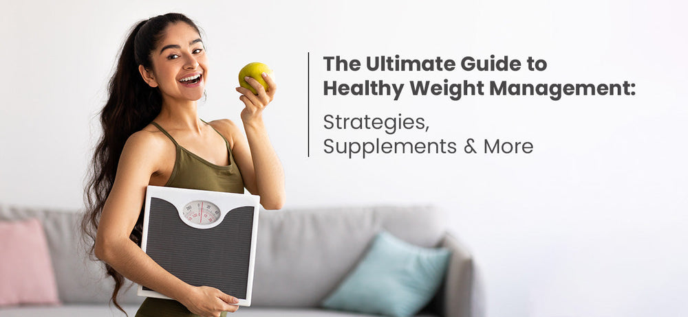 A smiling woman holding a weight machine and an apple showing healthy weight management depiction.